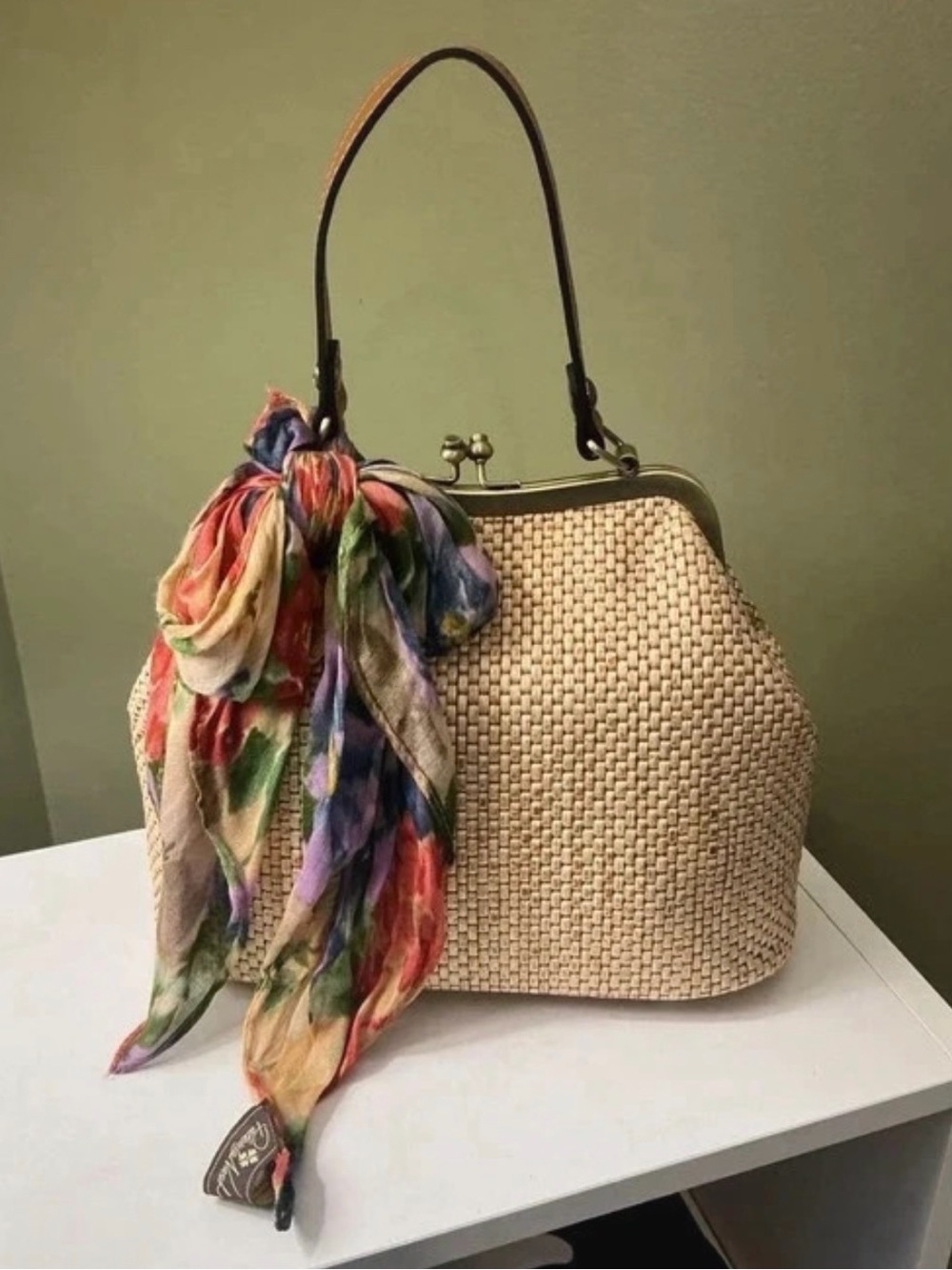 Patricia Nash Laureana Beige Woven Frame Shoulder Bag Multicolor Scarf NWOT